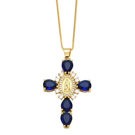 Retro European Style Zircon Cross Necklace Gilded Luxury Crystal Crucifix Necklace Religious Catholic Crucifix Pendant Chain Good Vibrations