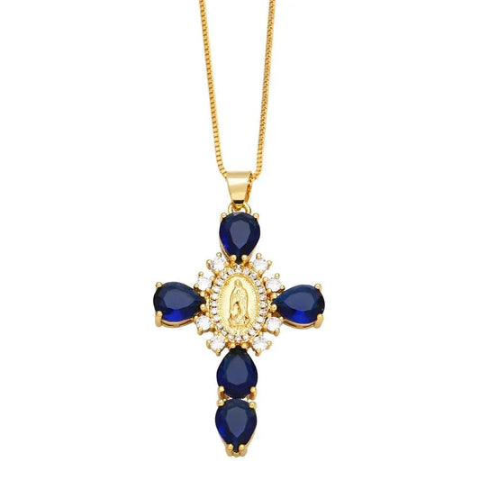 Retro European Style Zircon Cross Necklace Gilded Luxury Crystal Crucifix Necklace Religious Catholic Crucifix Pendant Chain Good Vibrations
