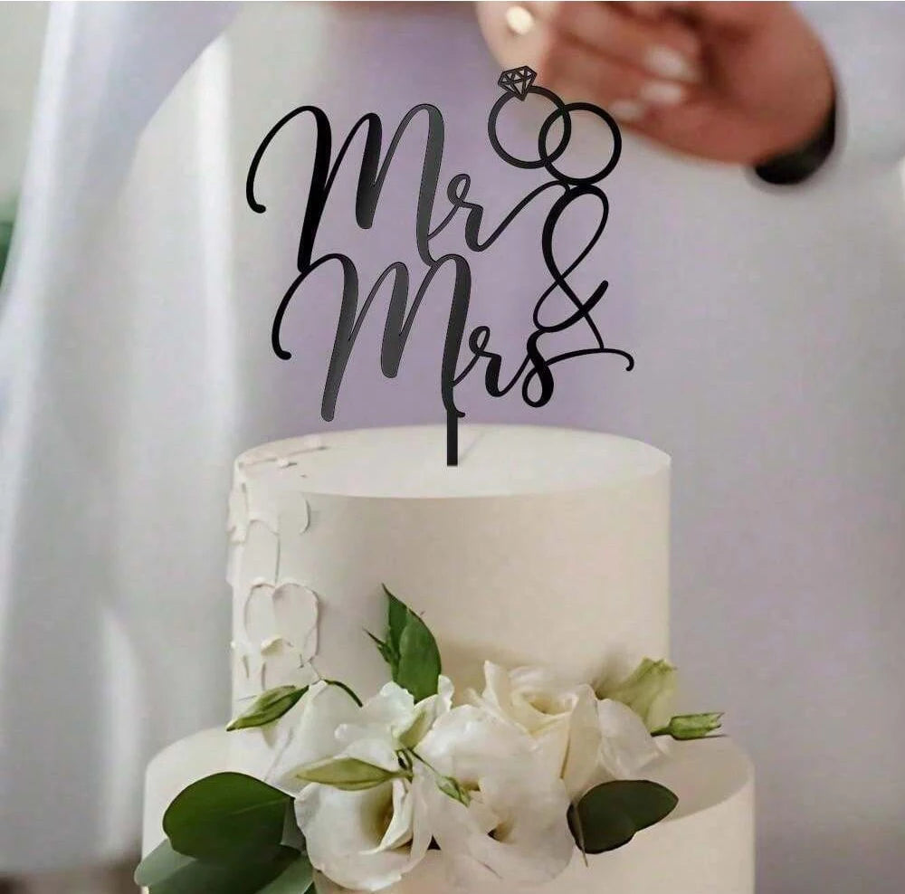 5pcs/1pc Ins Gold Black Mr&Mrs Wedding Cake Toppers for Valentine's Day Cake Toppers Wedding Party Cake Decoration supplies Good Vibrations