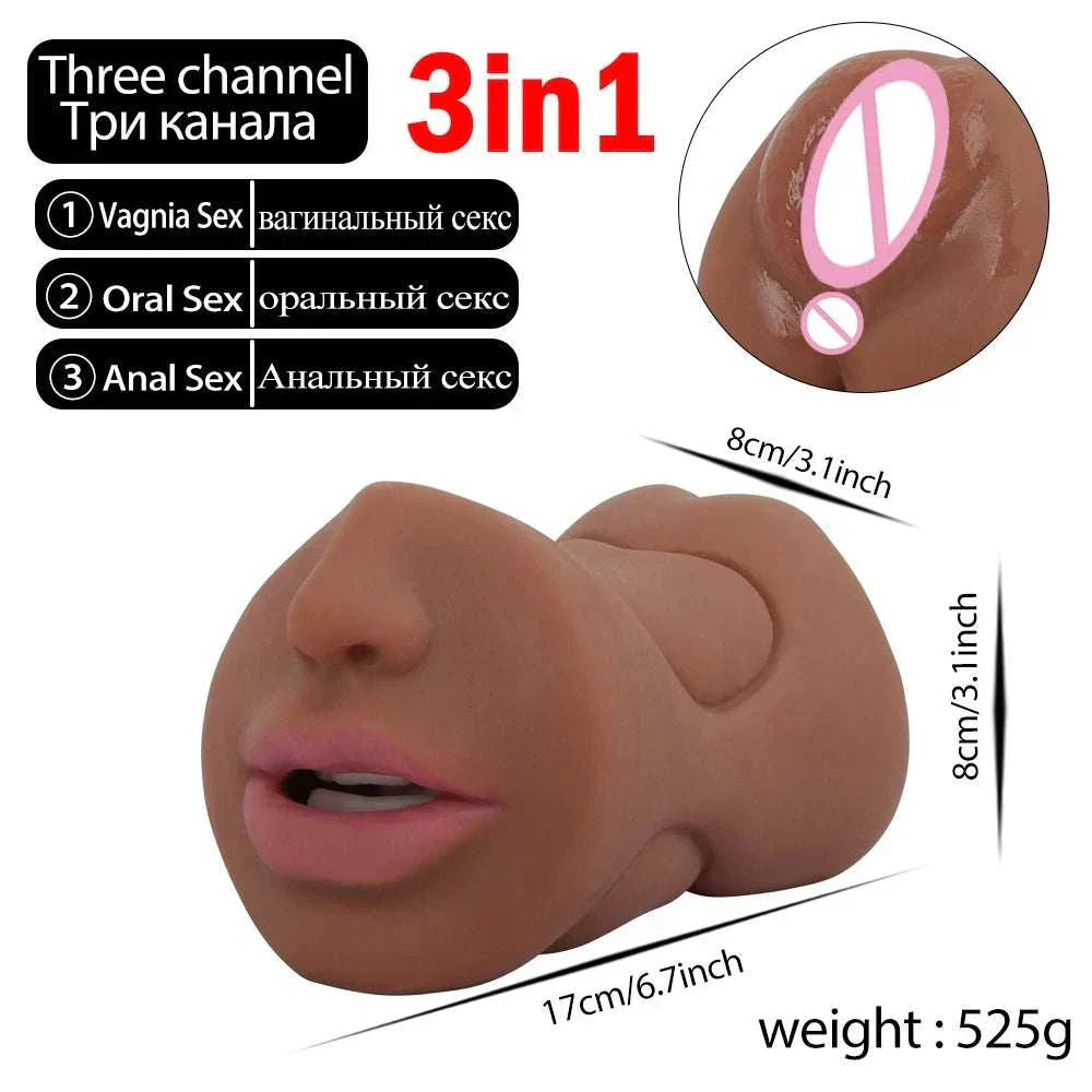 3-in-1 realistic artificial vagina and mouth male masturbator in brown/flesh color.