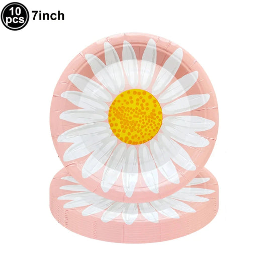 Pink Daisy Theme Disposable Tableware Flower Plate Napkin Straws Banner Birthday Party Baby Shower Wedding Decorations Supplies Good Vibrations