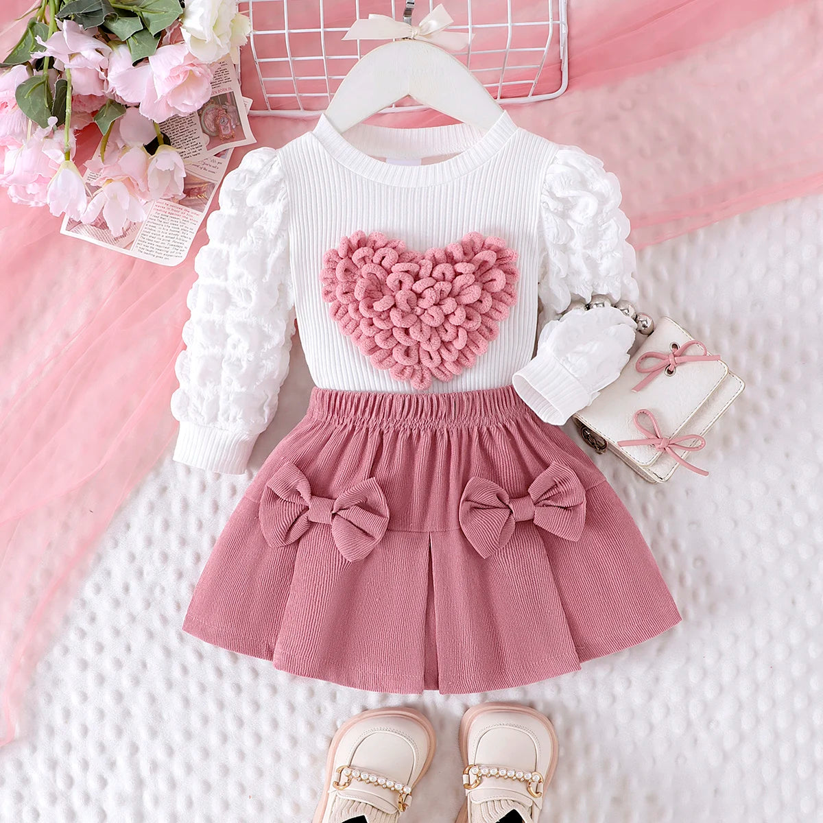 2PCS Winter New Style For 0-3 Year Old Girls, Comfortable Sweet And Cute Bubble Sleeves, Love Chapter Top + Pink Short Skirt Set Good Vibrations