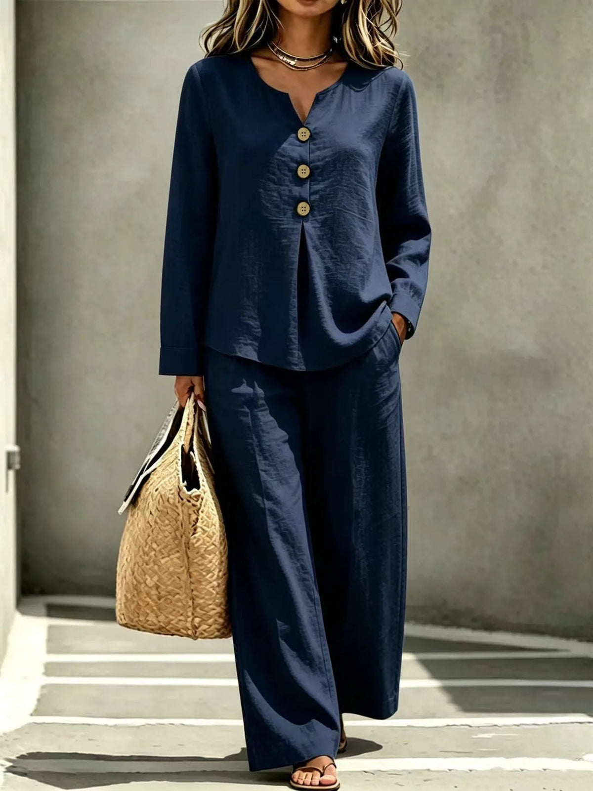 Women 2‑Piece Outfit Set Long Sleeve V‑Neck Top Wide Leg Pants Loose Casual Daily Suit Good Vibrations