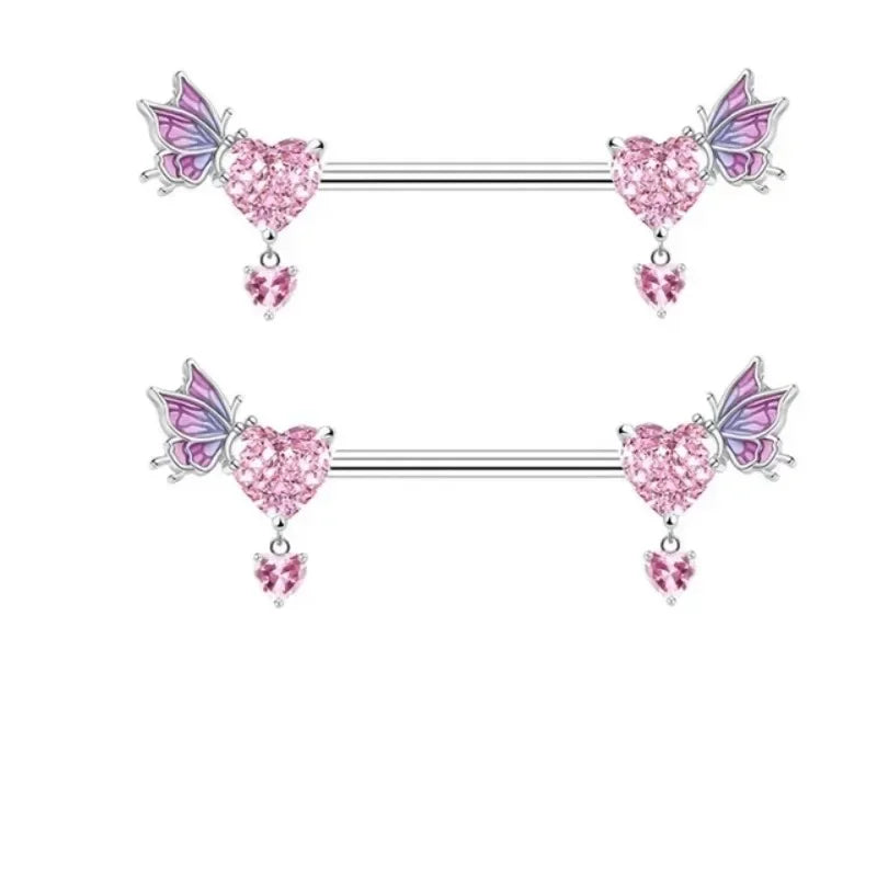 Pink Devil Nipple Piercing Jewelry Set Heart Crystal Nipple Rings Bulk Shiny Butterfly Nipple Barbell Dangle Lot Piercing Pezon
