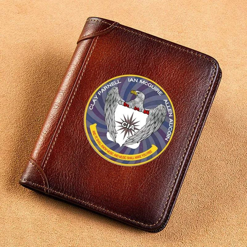 High Quality Genuine Leather Men USA FBI Department Of Justice Printing Cover Short Card Holder Purse Luxury Brand Male Wallet Good Vibrations
