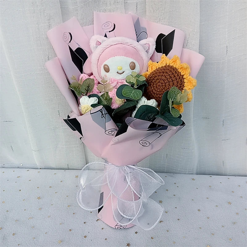 Graduation Gifts Sanrio Kuromi Hello Kitty With Crochet Sunflower Bouquet My Melody Cinnamoroll Mother's Day Birthday Gifts Good Vibrations