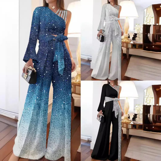 Elegant Two 2 Piece Sets Women Outfits Off-the-shoulder Sequin Tops and High-waisted Plus-size Wide-leg Pants Set Women's Set Good Vibrations