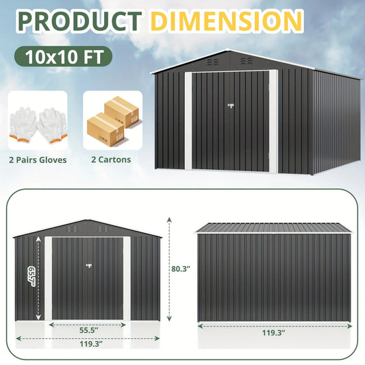 Polar Aurora 10x10 FT Outdoor Storage Shed, Metal Garden Shed with with Updated Frame Structure, Tool Sheds for Backyard Garden Good Vibrations