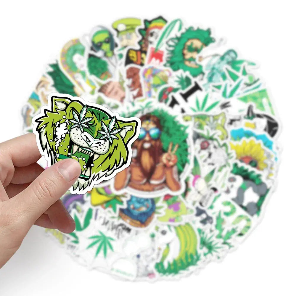 Funny smoking weed hemp leaves stickers in cartoon style for laptops, bikes, and more.