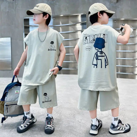 Boys' loose sleeveless vest set summer thin cartoon comic portrait boys' tank top and shorts two-piece set children's clothing Good Vibrations