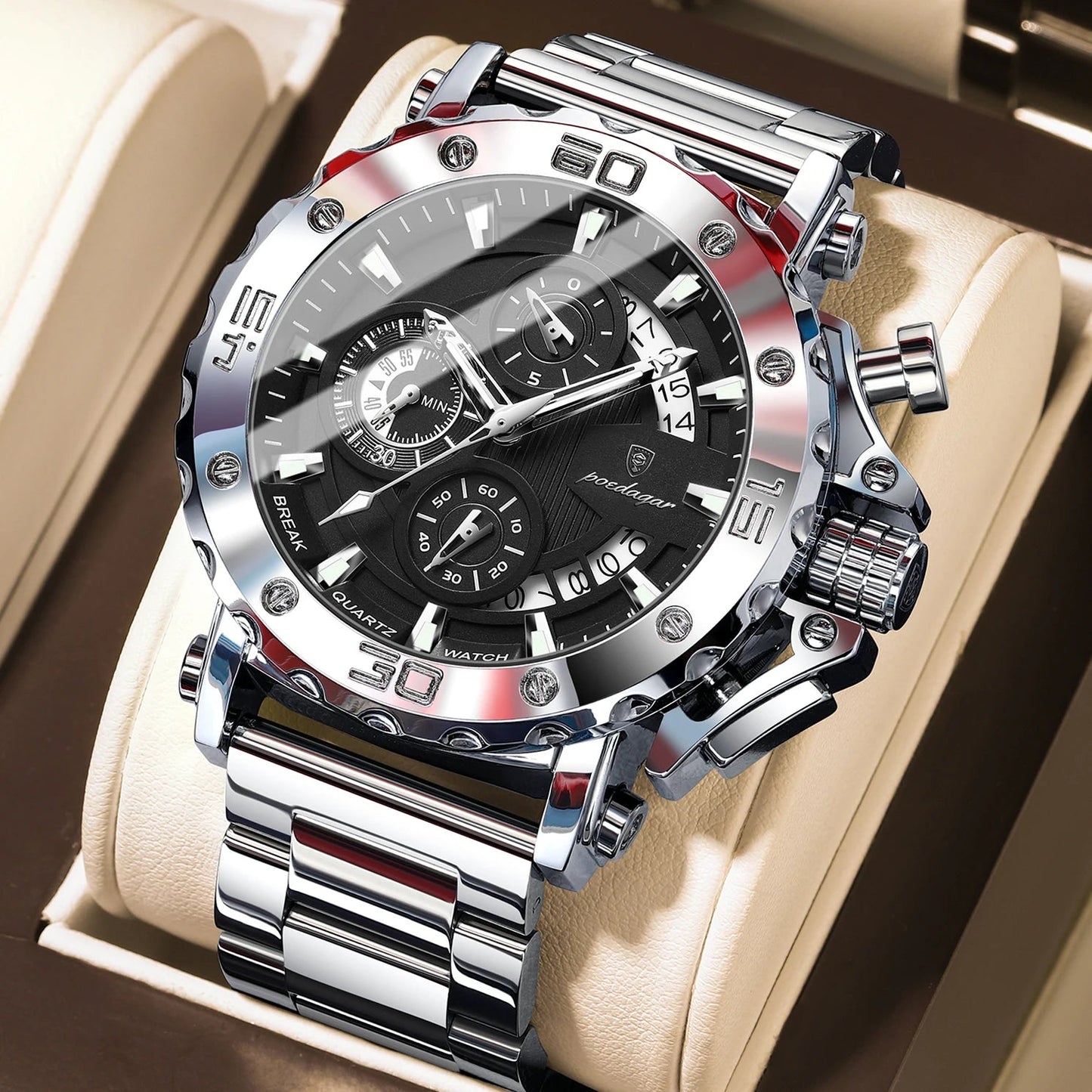 POEDAGAR Luxury Watch For Men Calendar Luminous Waterproof Man Clock Male Chronograph Stainless Steel Men's Quartz Watches Reloj Good Vibrations