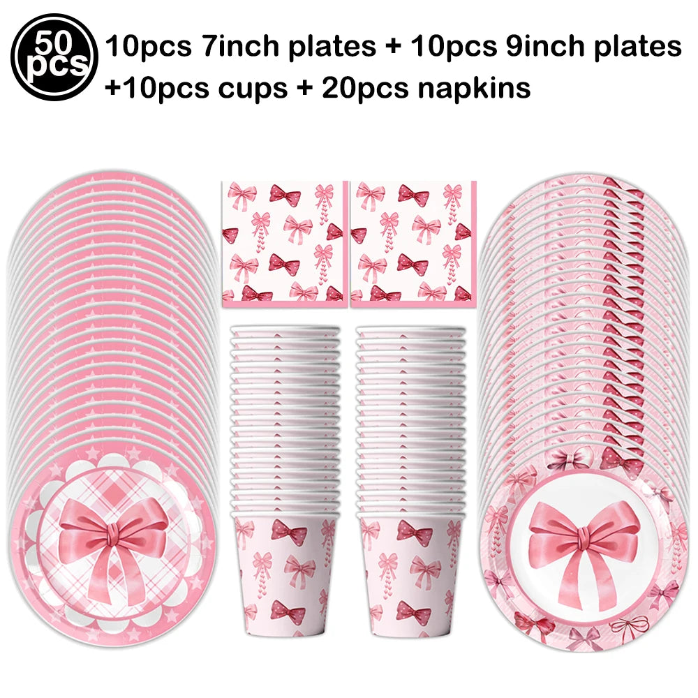 Pink Bow Birthday Party Supplies Disposable Bow Themed Tableware Set Engagement Wedding Girls Birthday Bachelorette Party Decor