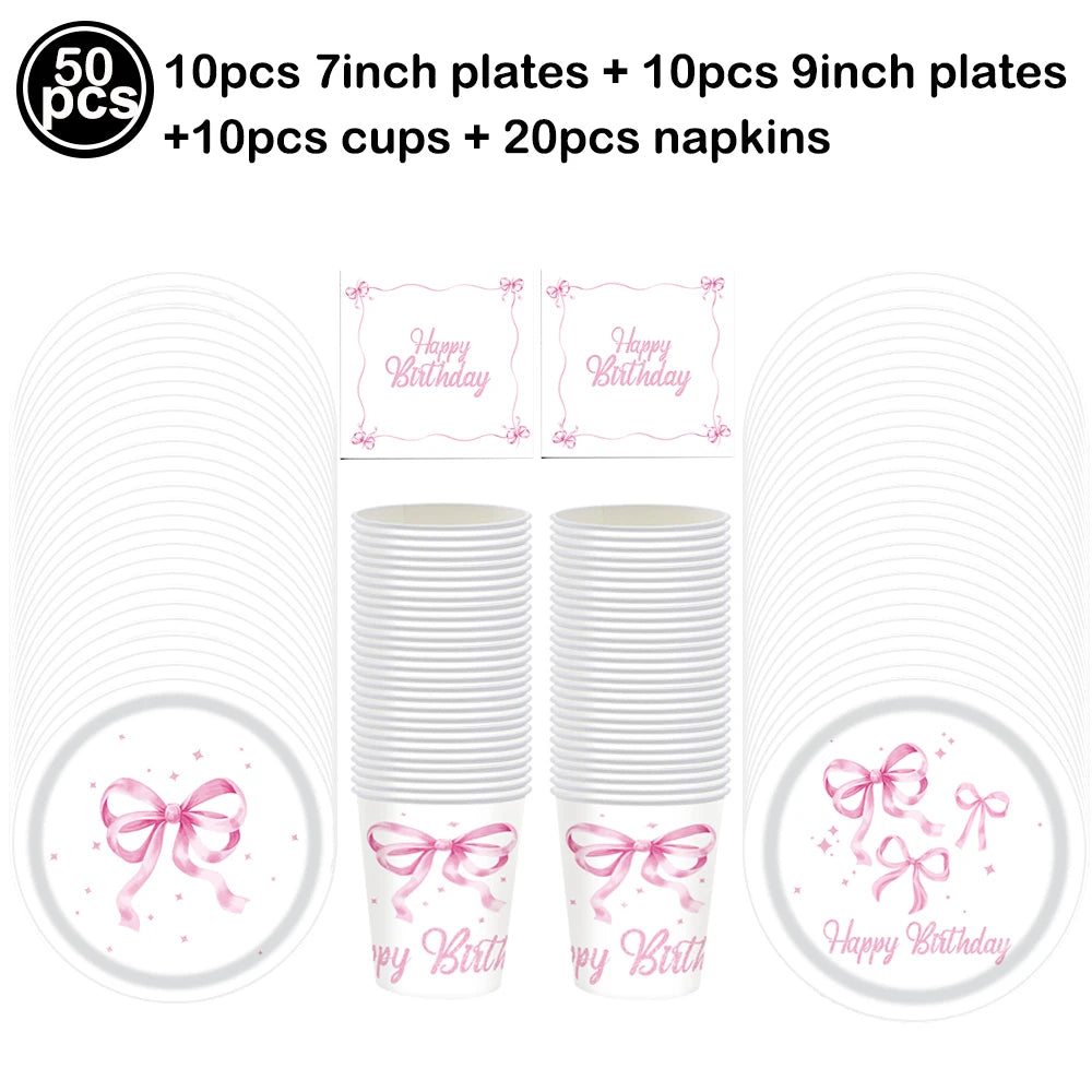 Pink Bow Birthday Party Supplies Disposable Bow Themed Tableware Set Engagement Wedding Girls Birthday Bachelorette Party Decor