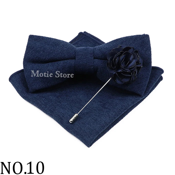 Mens Solid Color Cotton Bowtie Pocket Square Brooch Sets Pink Blue Super Soft Suede Bow Tie Handkerchief For Wedding Party Gift Good Vibrations