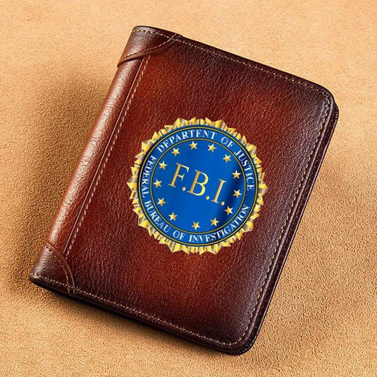 Brown genuine leather wallet with FBI Department of Justice logo and multiple card slots, unisex slim short design