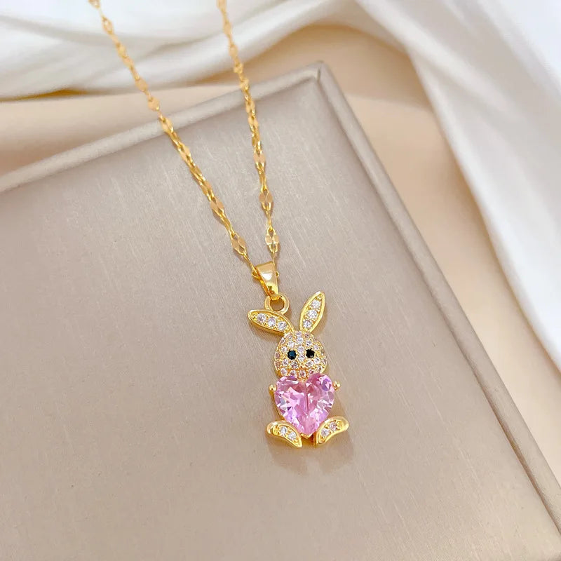 Stainless Steel Jewelry Sets for Woman Girls Shining Austrian Crystal Cute Rabbit Pendant Necklace Huggie Earrings Birthday Gift Good Vibrations Adult Super Store