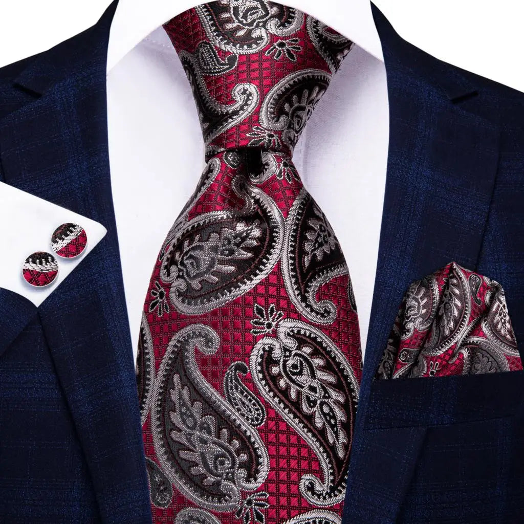 Hi-Tie Designer Red Burgundy Plaid Silk Wedding Tie For Men Handky Cufflink Gift Mens Necktie Fashion Business Party Dropshiping Good Vibrations