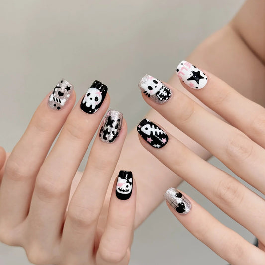 10pcs Sweet Cool Halloween Press On Nails Cute Little Cat Ghost Pattern Handmade False Nails Dark Black Personality Fake Nail Good Vibrations
