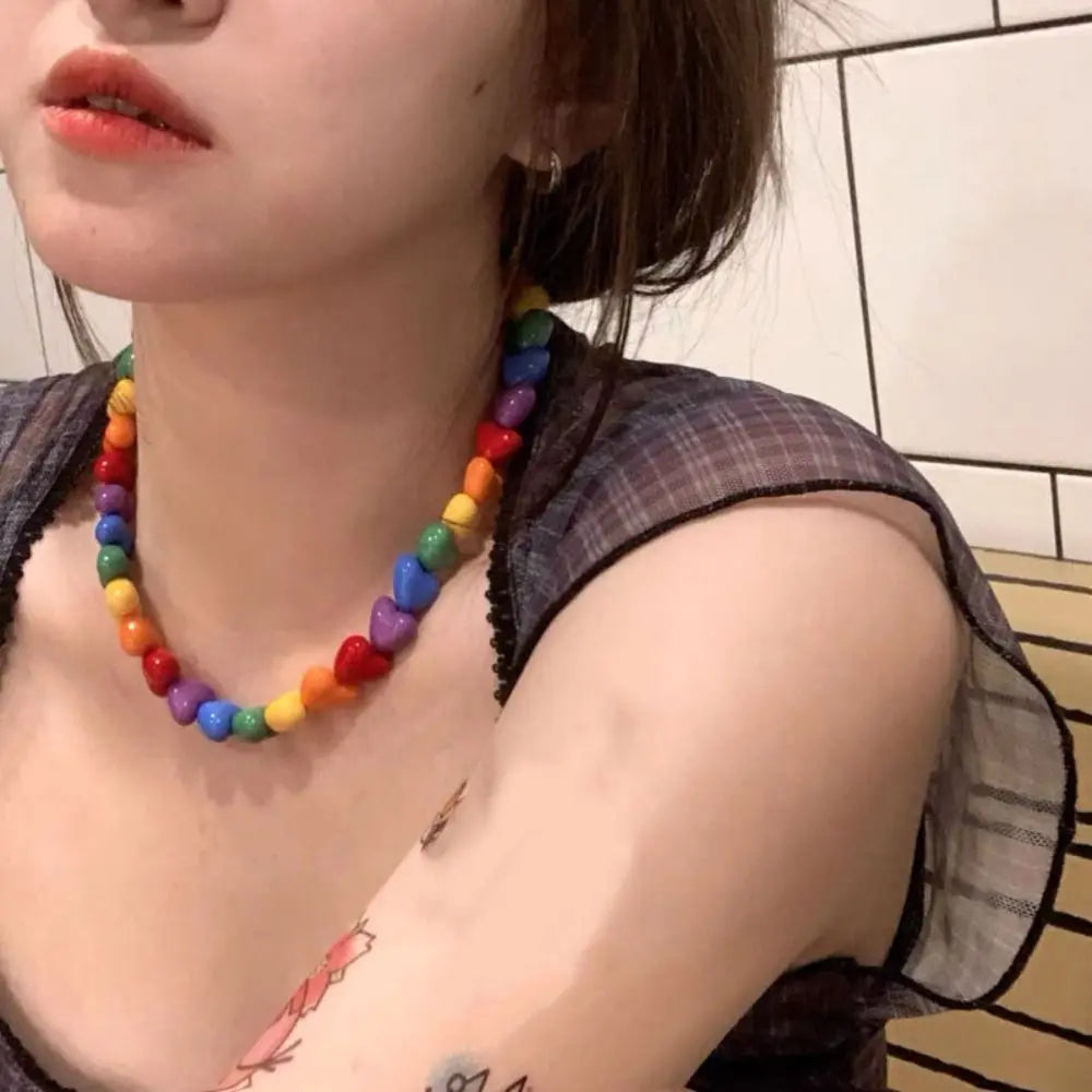 Chic Pride Rainbow Necklace Acrylic Love Adjustable Collarbone Chain Neck Jewelry Charm Heart Beaded Necklace Party Supplies Good Vibrations