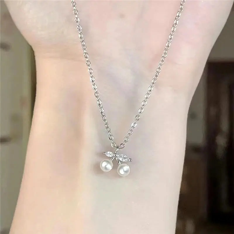 Huitan Chic Small Cherry Pendant Necklace for Women Simulated Pearl Accessories for Engagement Ceremony Zirconia Jewelry Gifts Good Vibrations