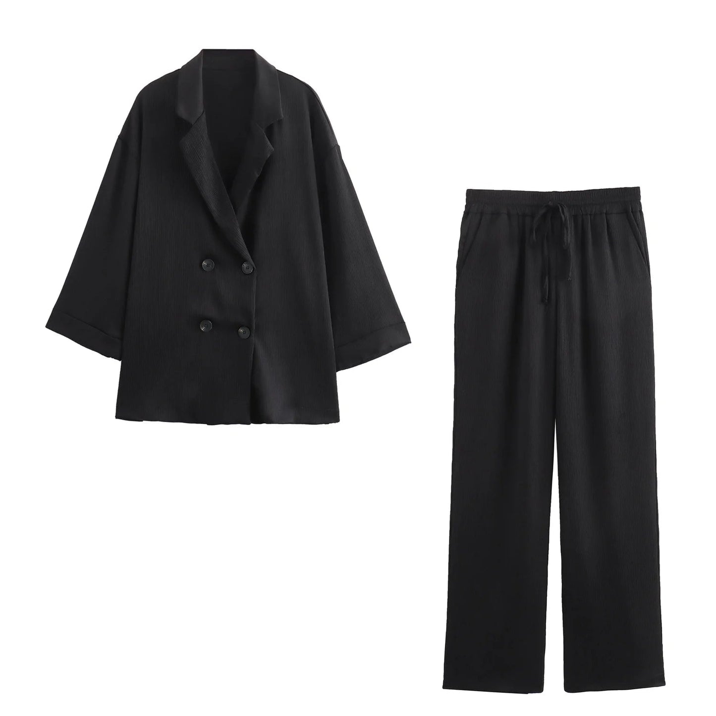 2024 Autumn Women Casual Blazer Coat Pants Set Long Sleeve Double Breasted Blazer + Wide Leg Trousers Lady Office Outfit Good Vibrations