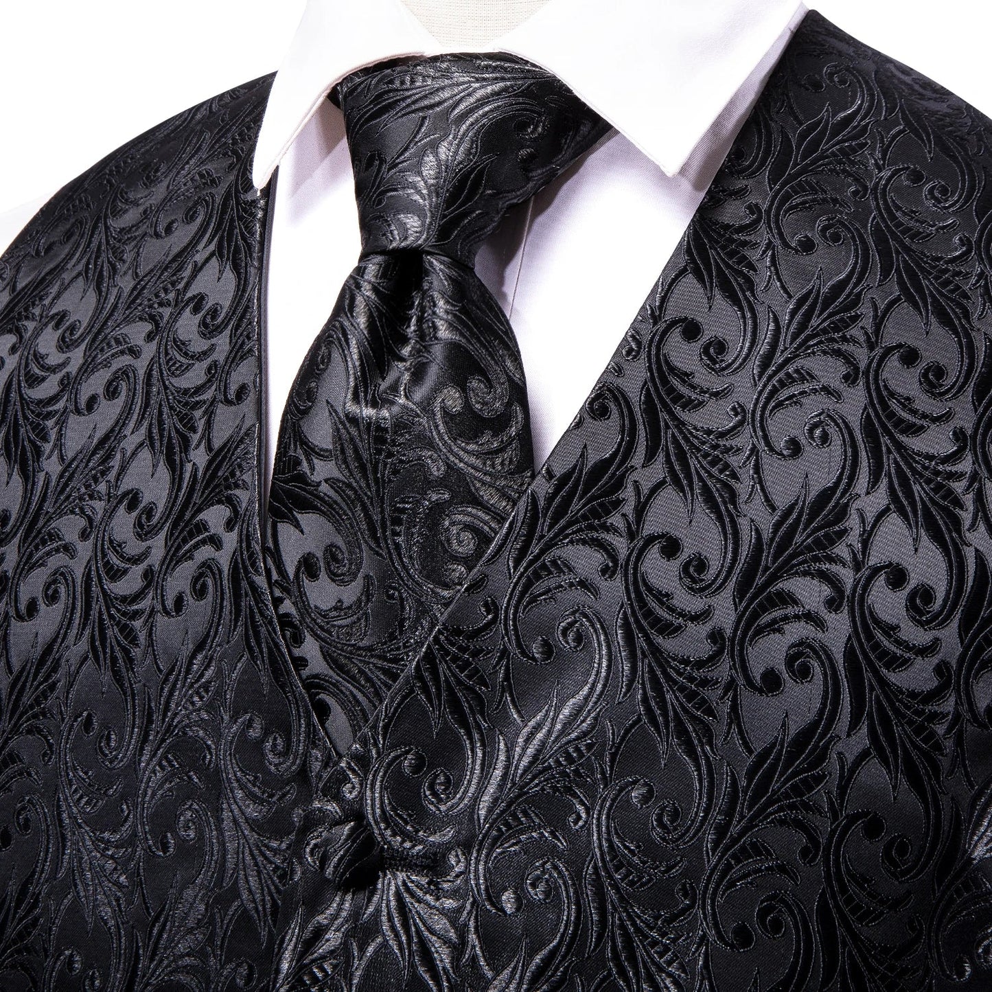 Hi-Tie Black Men Silk Vest Paisley Jacquard Necktie Hankerchief Cufflinks Sets Male Sleeveless V-Neck Waistcoat Business Formal Good Vibrations
