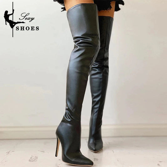 Women Boots Matte Black Pointy Toe Thigh High Long Boots Autumn Winter Zip Over-the-Knee Boots Party Shoes Plus Size 46 Stiletto Good Vibrations