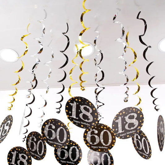 6pcs PVC 18 21 30 40 50 Years Old Spiral Happy Birthday Swirl Hanging Ornaments Party Background Layout Decor Supplies Good Vibrations