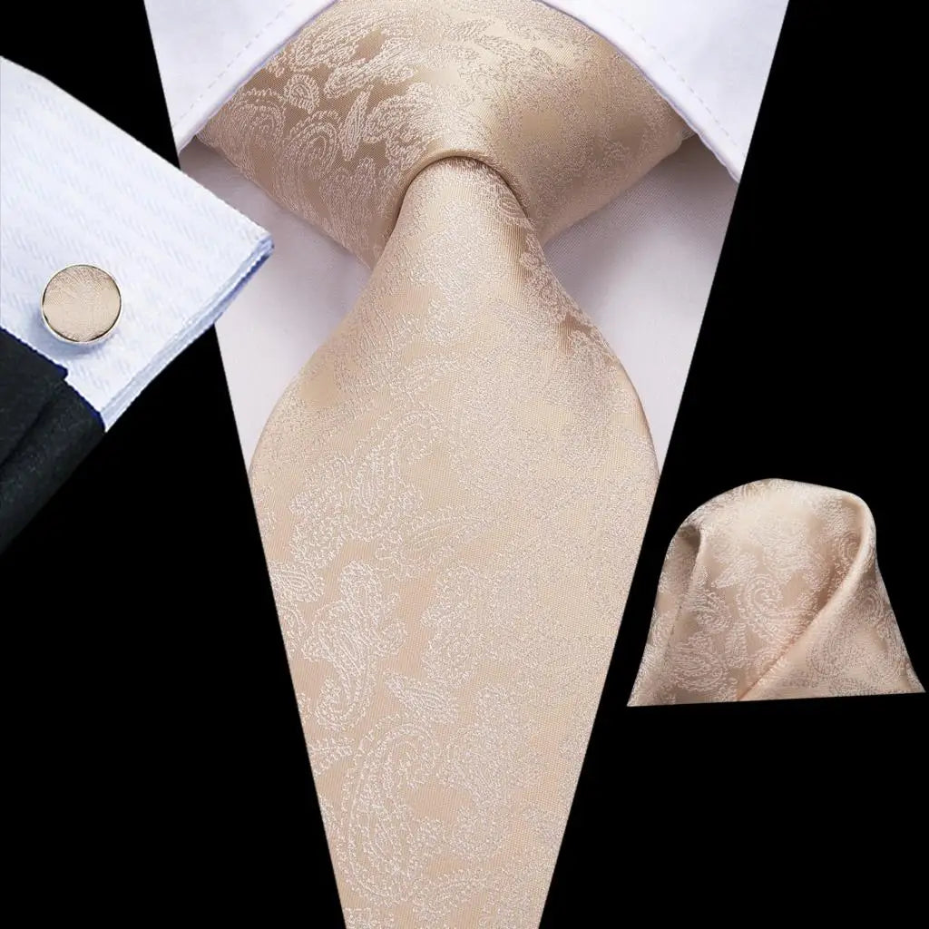 Hi-Tie Champagne Gold Striped Paisley Solid Men Silk Wedding Tie Fashion Design Necktie For Men Hanky Cufflink Business Party Good Vibrations
