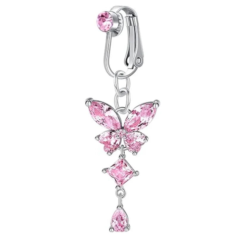 Clip On Belly Button Ring Butterfly Copper Zircon Pink Fake Belly Piercing Umbilical Navel Body Jewelry Trendy Fashion Style Good Vibrations Adult Super Store