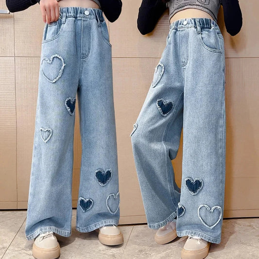 2025 Spring Autumn Girls Love Rough Edges Jean Korean Version Style Kids Middle Waist Cowboy Pants Elastic Waist Long Pants Good Vibrations