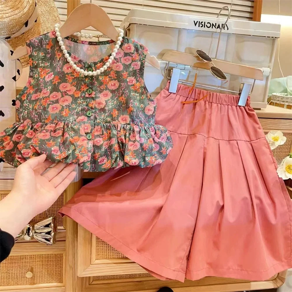 Girls Clothing Sets 2024 Summer New Children's Wear Ladies Style Fashion Floral Sleeveless Vest Top+wide Leg Skirt Pants 2-7Y Good Vibrations