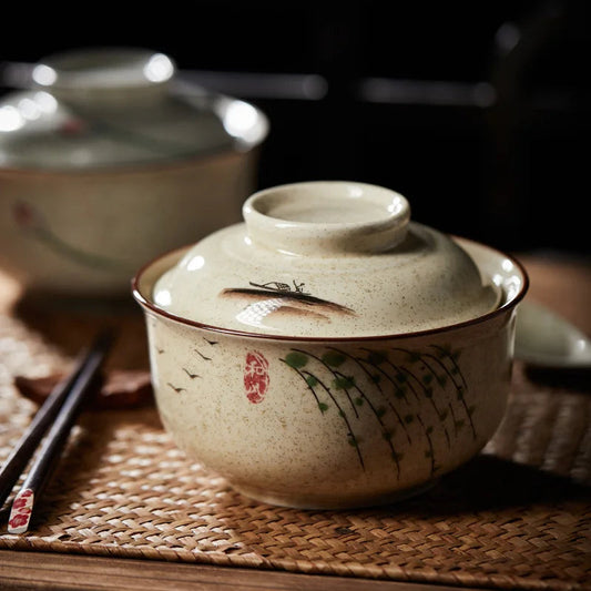 6.5inch Japanese Style Ramen Bowl With Lid Ceramic Instant Noodle Bowl For Soup Rice Noodle And Porridge Kitchen Tableware Good Vibrations