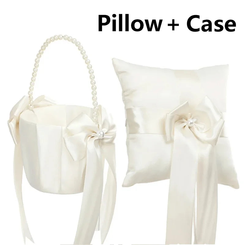 Flower Girl Basket Ring Bearer Pillow Set White Romantic Satin Bow Pearls Ring Pillow For Bride/Kid Wedding Ceremony Party Decor Good Vibrations
