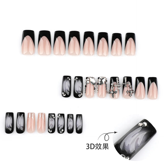 24pcs Glossy Black Fake Nails For Spicy Girls Shimmery Rhinestone French Style Cross Press On Nail Mid-length Coffin Cool Nails Good Vibrations