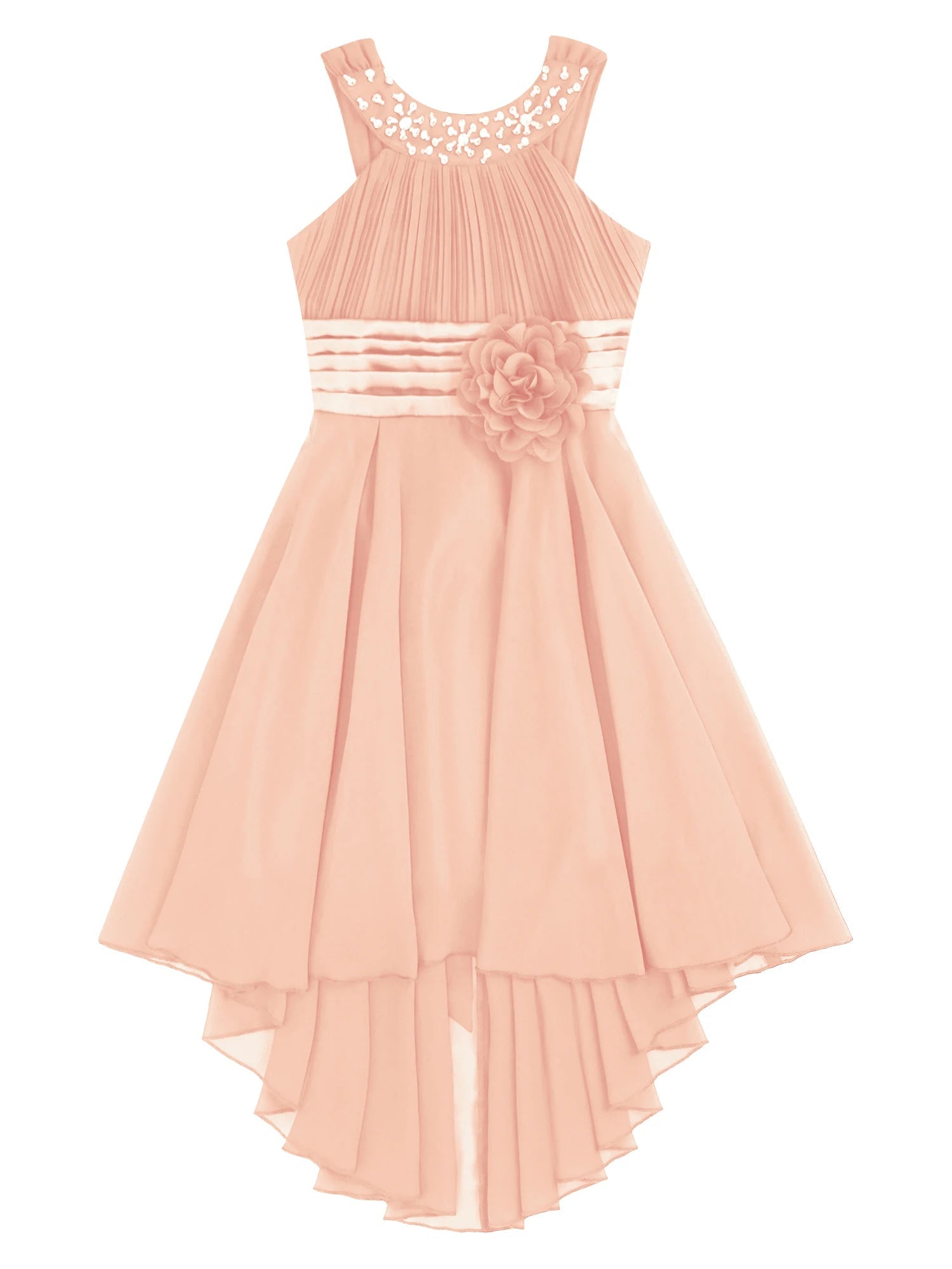 Kids Wedding Flower Girls Party Dress Sleeveless Ruched Shiny Beaded Hi-low Hem Elegant Chiffon Dress for Birthday Evening Prom Good Vibrations