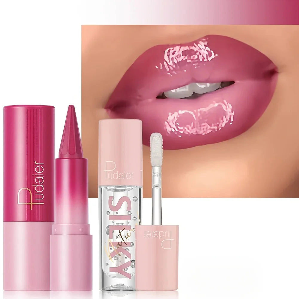Silky Smooth Lipstick and nourishing lip oil set with glossy pink shade on lips