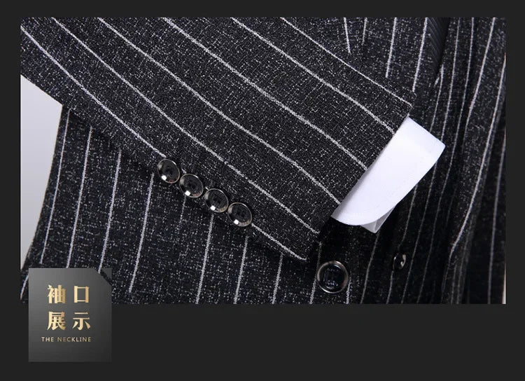 2025 Suit (suit + Vest + Trousers) Single Button Fashion Business Vertical Stripe Gentleman Suit Korean Suit Three-piece Suit Good Vibrations