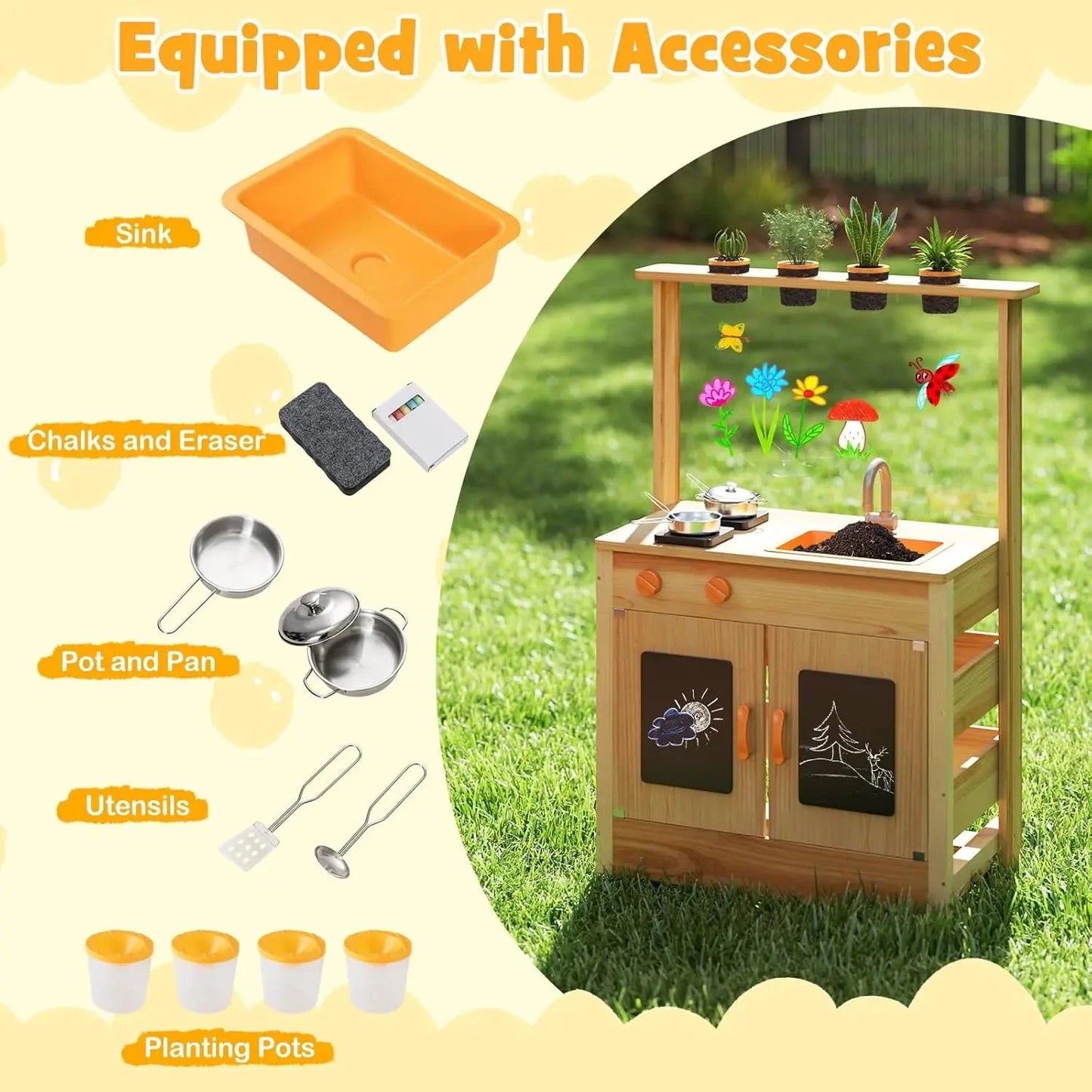 Mud Kitchen, Fir Wood Outdoor Play Kitchen for Toddlers, 4 Planting Cups, Cookware, Faucet & Sink, DIY Acrylic Board & Blackboar Good Vibrations