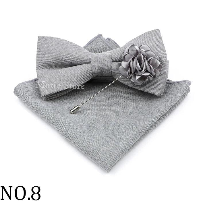 Mens Solid Color Cotton Bowtie Pocket Square Brooch Sets Pink Blue Super Soft Suede Bow Tie Handkerchief For Wedding Party Gift Good Vibrations