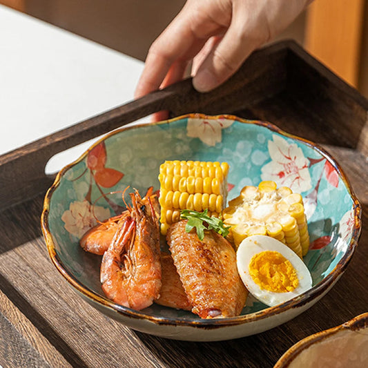 7.5inch Japanese Household Noodle Bowl Ceramic Soup Bowl With Handle Salad Bowl Pasta Fruit Bowl Microwave Kitchen Tableware Good Vibrations