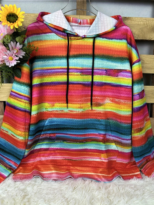 Women's Plus Size Striped Waffle Drawstring Hoodie Casual Long Sleeve Kangaroo Pocket Hooded Sweatshirt For Fall&Winter Clothing Good Vibrations