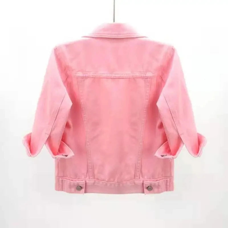 2024 New Women Spring Autumn Denim Jacket Tops Pink Color Solid Short Multicolor Feminino Three Quarter Sleeve Jean Jacket Good Vibrations