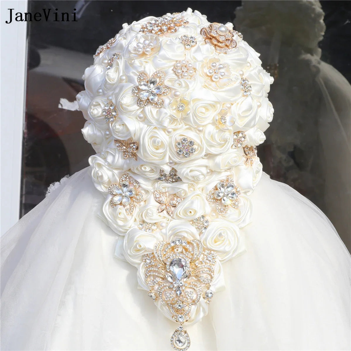 JaneVini Luxury Golden Rhinestones Pink Ivory Cascading Flowers Waterfall Bridal Bouquets Artificial Satin Roses Wedding Bouquet Good Vibrations
