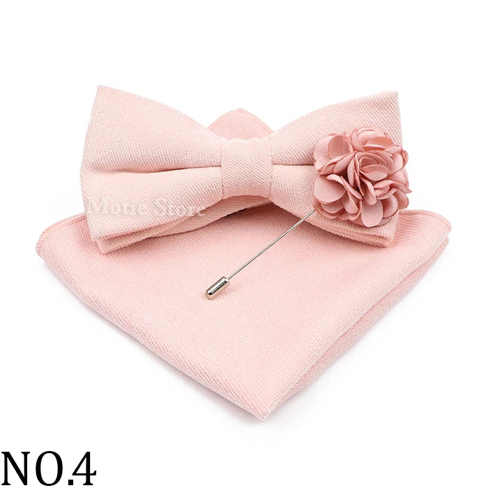 Mens Solid Color Cotton Bowtie Pocket Square Brooch Sets Pink Blue Super Soft Suede Bow Tie Handkerchief For Wedding Party Gift Good Vibrations