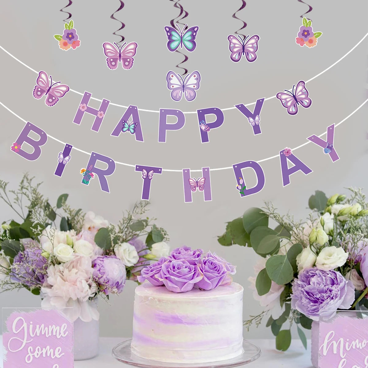Pink Happy Birthday Banner With Butterfly Dancing Hanging Pendant Garlands  Girls Princess 1st Happy Birthday Party Decorations Good Vibrations