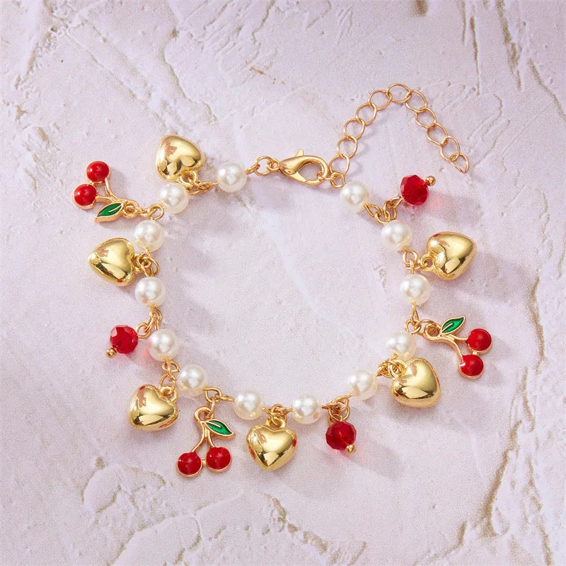 Charm Red Strawberry Bracelet for Women Cute Cherry Heart Shape Fruit Pearl Metal Chain Wristband Girls Party Friendship Jewelry Good Vibrations