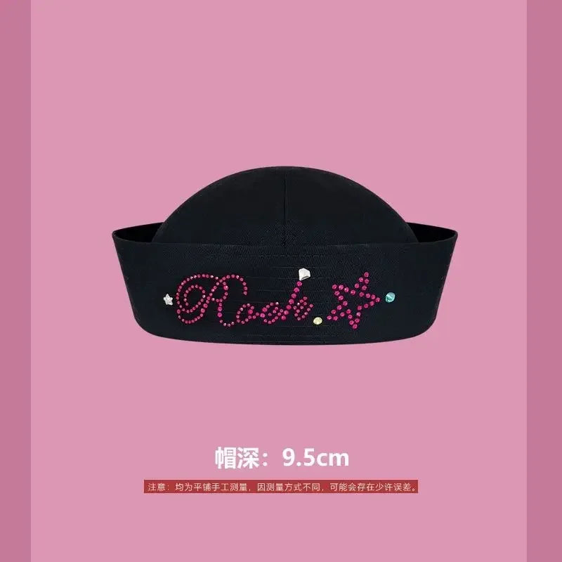 Y2K Striped Bow Flower Rhinestone Sailor JK Beret Navy Hats for Women Summer Niche Flipped Nurse Cosplay Beret Cap Sombreros Good Vibrations