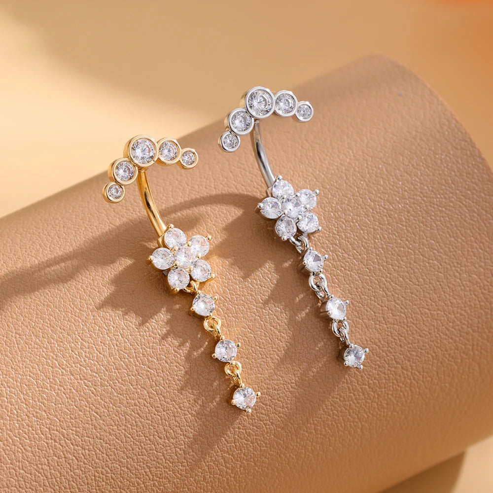 Gold Color Stainless Steel Belly Button Ring Long Dangled Flower CZ Crystal Navel Belly Piercing Rings for Women Sexy Jewelry Good Vibrations Adult Super Store