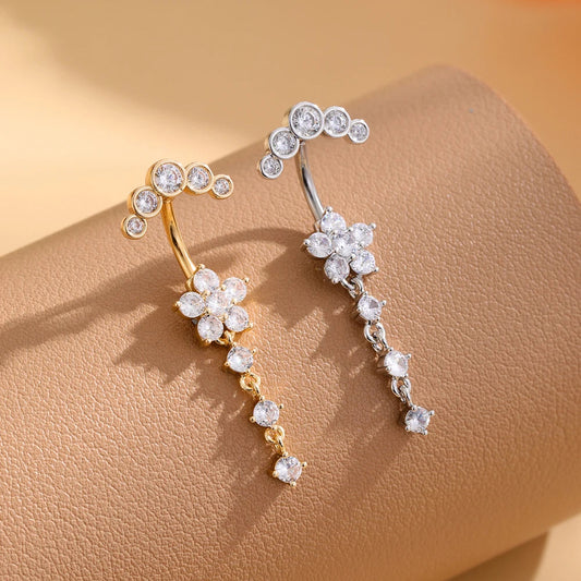 Gold Color Stainless Steel Belly Button Ring Long Dangled Flower CZ Crystal Navel Belly Piercing Rings for Women Sexy Jewelry Good Vibrations Adult Super Store